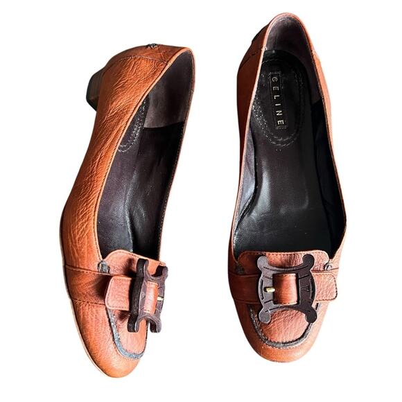 Celine Women’s Vintage Wooden Triomphe Cognac Brown Orange Leather Ballet Flat - Picture 2 of 11